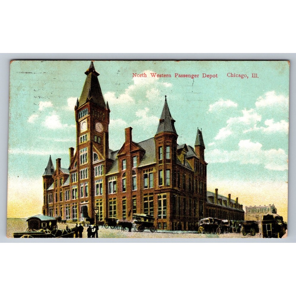 1909 Chicago North Western Passenger Depot Postcard Illinois Train Station